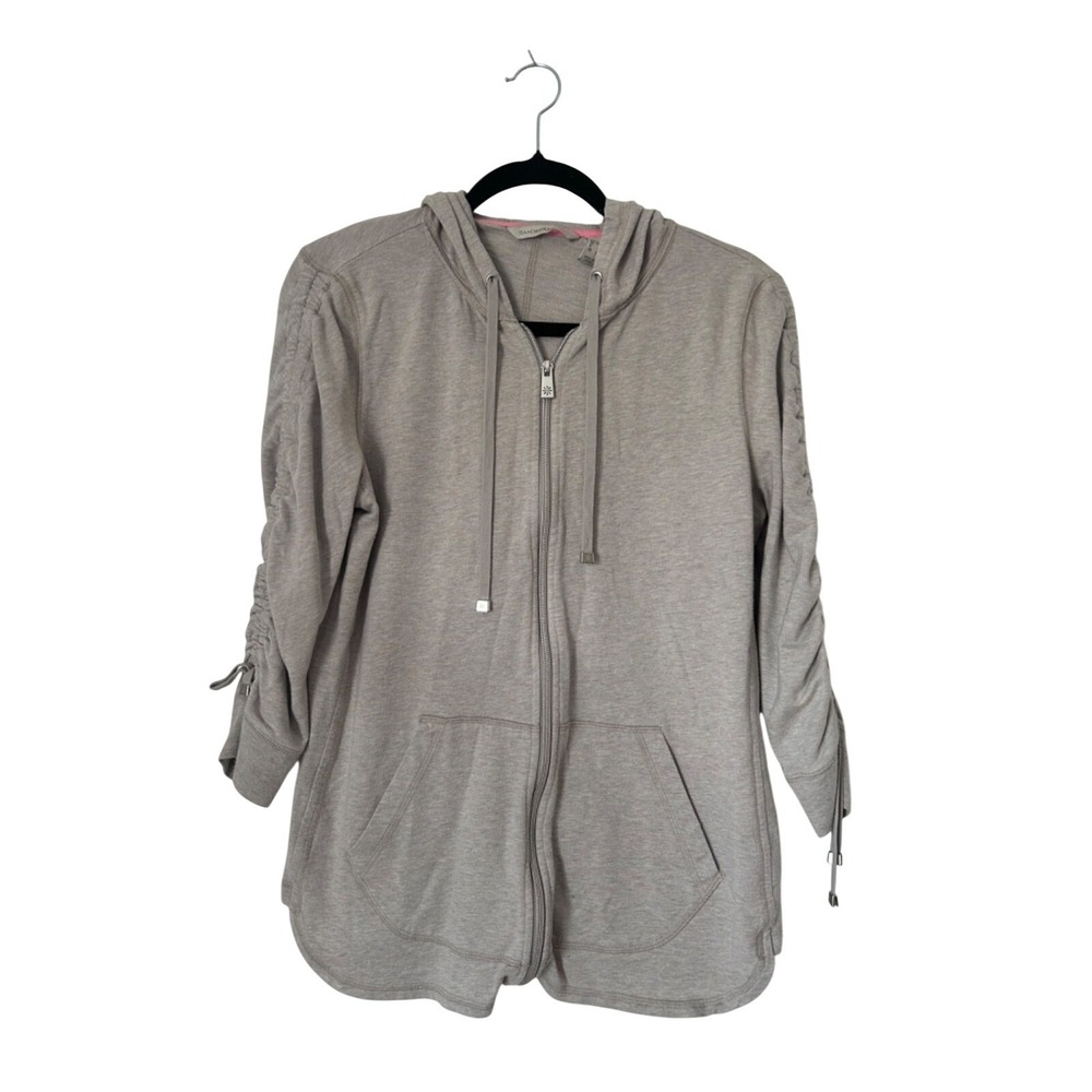 Isaac Mizrahi Live Sweater Small Grey Full Zip Hoodie Ruched 3/4 Sleeves Pockets